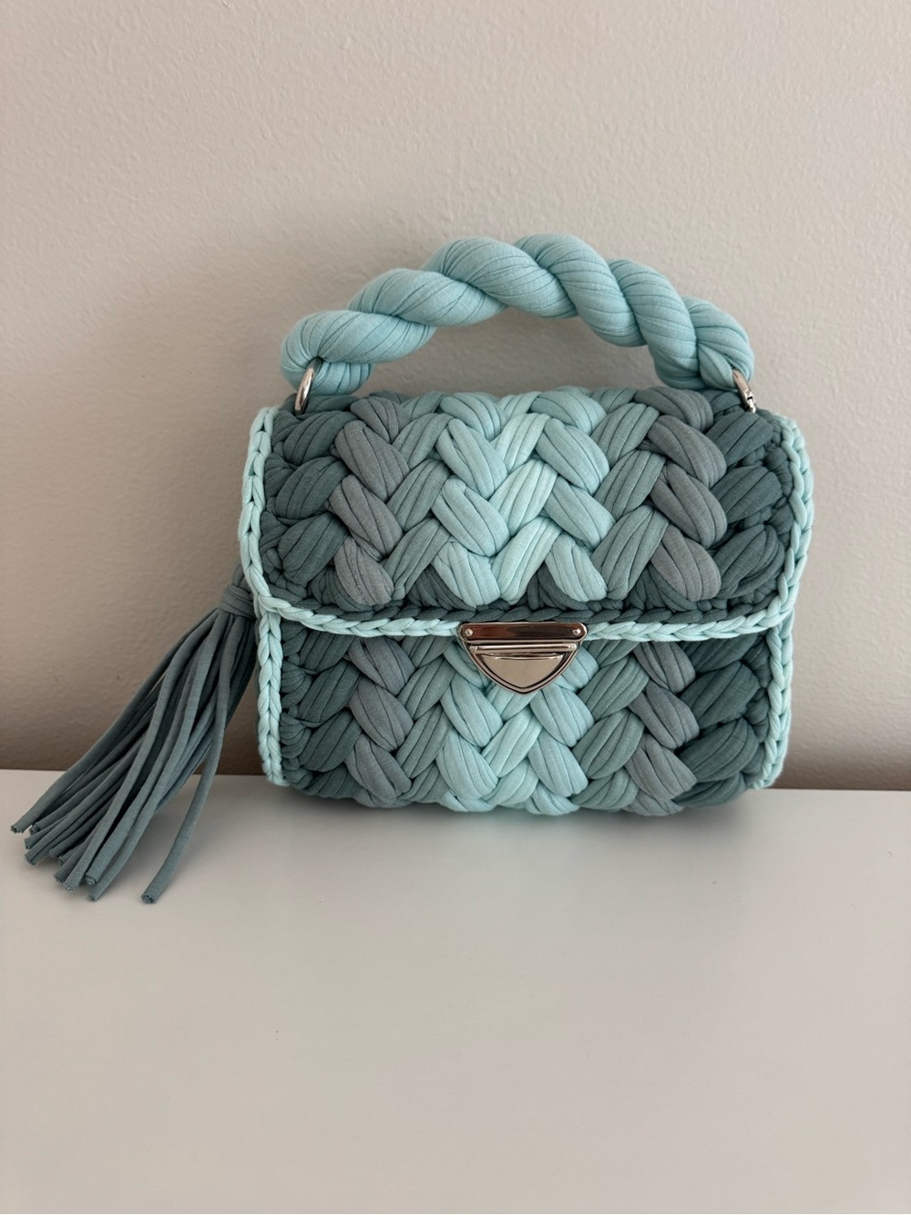 Handwoven Braided Top-Handle Bag in Mint and Light Teal